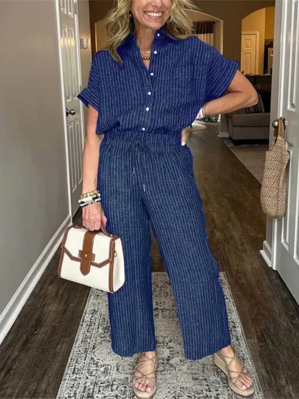 Casual Navy Stripe Button-Front Jumpsuit - Picture 1 of 2